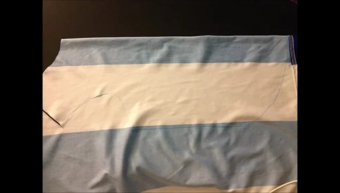 Doblar la tela por la mitad y cortar sobre las líneas marcadas. Asegurarse que la franja azul quede en el lomo del perrito.