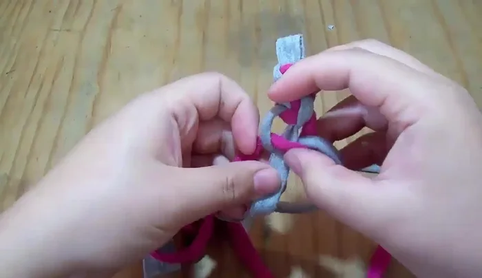 Trenzar las tiras de tela hasta obtener la longitud deseada para el collar. Probar el collar en la mascota para ajustar la longitud.