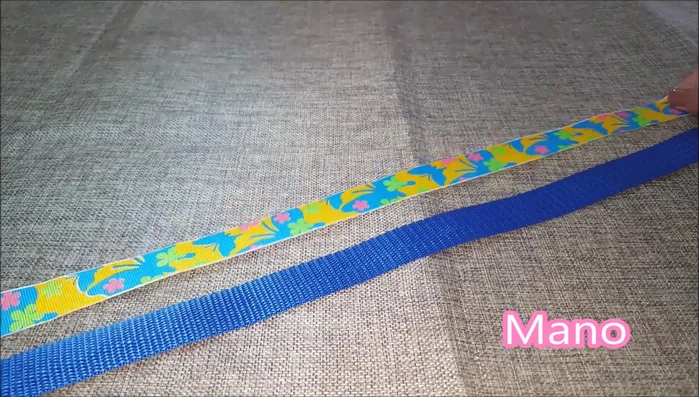 Unir el nylon y el listón. Se puede coser a mano, a máquina o usar pegamento de contacto.