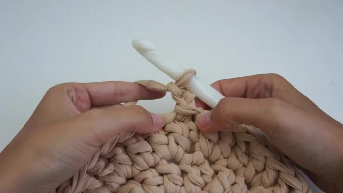 Tejer una cadeneta de 2, luego dos puntos altos y un punto doble en cada punto, hasta obtener 48 puntos.