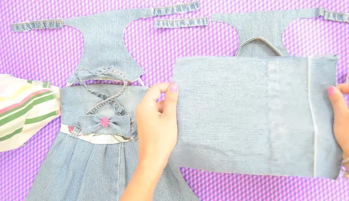 Preparar las piezas: un rectángulo para la falda, otro para la pretina, un pequeño rectángulo para la espalda y dos rectángulos para los tirantes (usando las costuras laterales del pantalón).