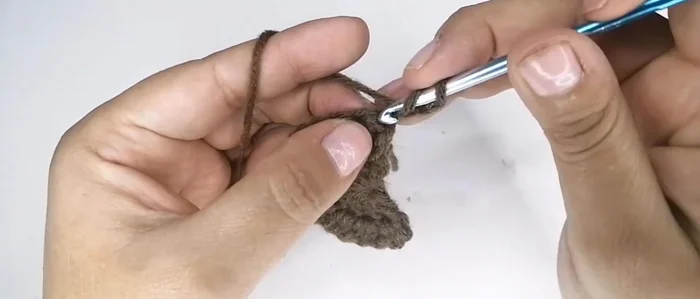 Cuarta vuelta: Subir 3 cadenas, dar vuelta al tejido. Tejer un punto alto, un punto alto, un aumento (2 puntos altos en un punto) en cada grupo de 3 puntos. Repetir hasta el final.