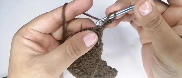 Cuarta vuelta: Subir 3 cadenas, dar vuelta al tejido. Tejer un punto alto, un punto alto, un aumento (2 puntos altos en un punto) en cada grupo de 3 puntos. Repetir hasta el final.