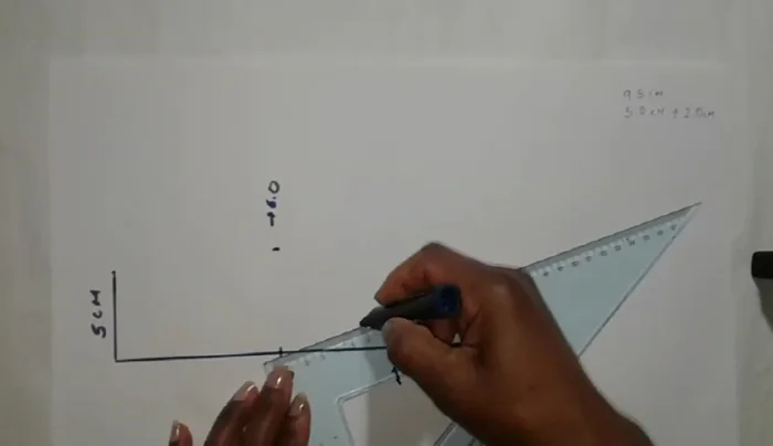 Unir el primer punto (6 cm) con el punto inferior de la línea vertical. Dibujar una línea vertical que pase por el segundo punto (8 cm) y extenderla hacia arriba 7 centímetros.