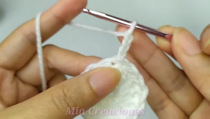 Vuelta 2: Aumentos. Subir 3 cadenitas y tejer 2 puntos altos en cada punto de la vuelta anterior. Total: 30 puntos altos.