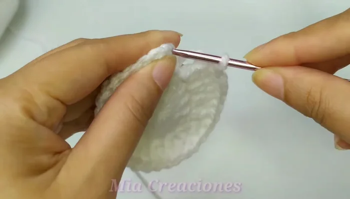 Vuelta 3: Aumentos intercalados. Tejer un punto alto, luego 2 puntos altos juntos en el siguiente punto, repetir la secuencia. Total: 45 puntos altos.