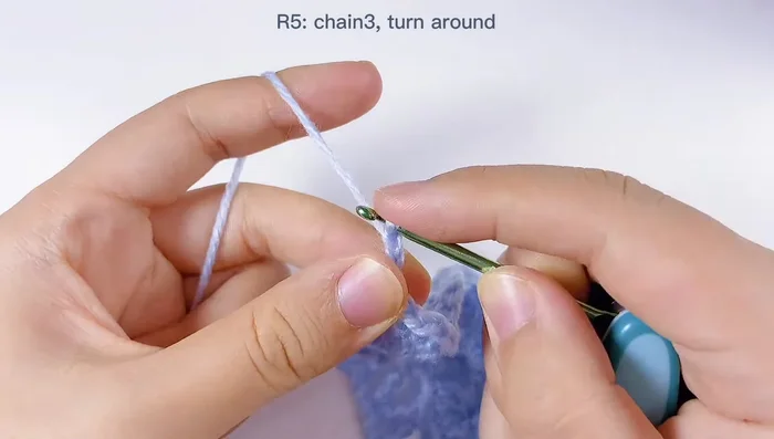 Tejer la sexta fila: repetir el patrón de la quinta fila.