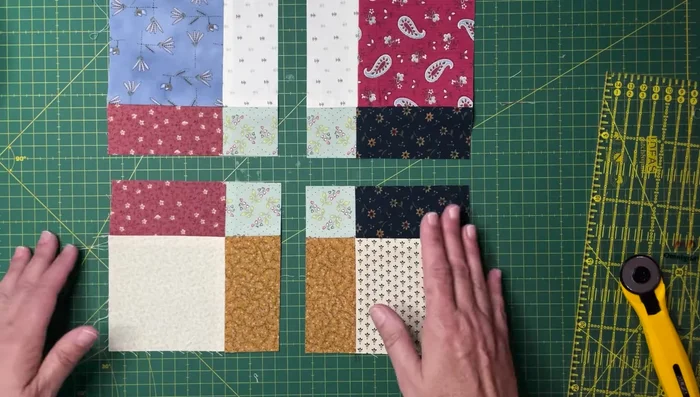 Repetir los pasos 2, 3 y 4 con el resto de los retales hasta obtener la cantidad de bloques necesarios para el tamaño deseado del quilt.