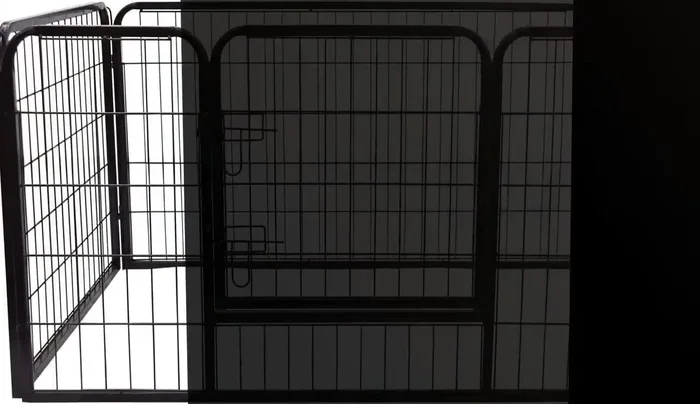 Parque de Juegos para Perros (6 paneles): Parque con 6 paneles plegables (59 x 60 cm), valla metálica con pestillo, toldo superior y puerta con pestillo.