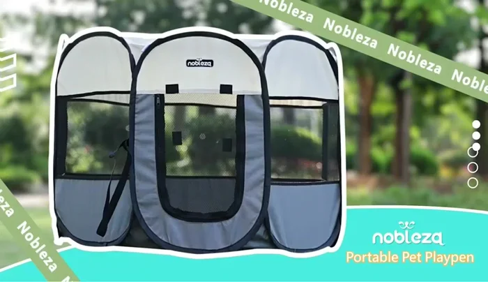 Parque de Juegos para Perros (6 paneles): Parque con 6 paneles plegables (59 x 60 cm), valla metálica con pestillo, toldo superior y puerta con pestillo.